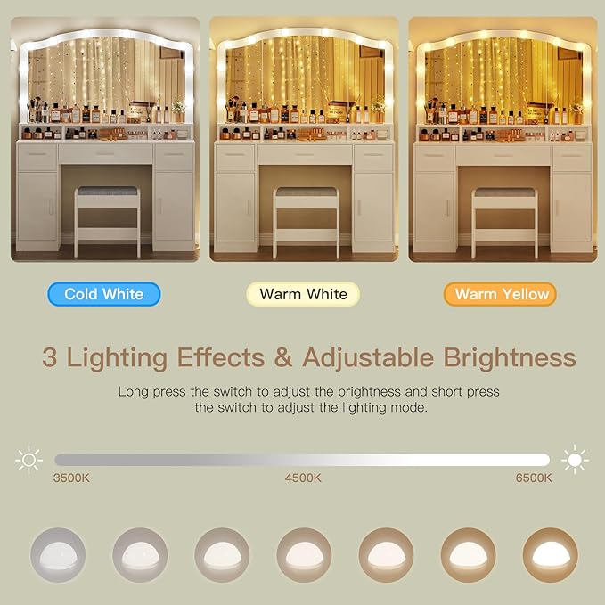 usikey 43.3” Vanity Desk with Large Mirror and Lights, Makeup Vanity with 3 Lighting Color Adjustable, Dressing Table Set with Storage Cabinet, Drawers and Chair for Girls Bedroom, White