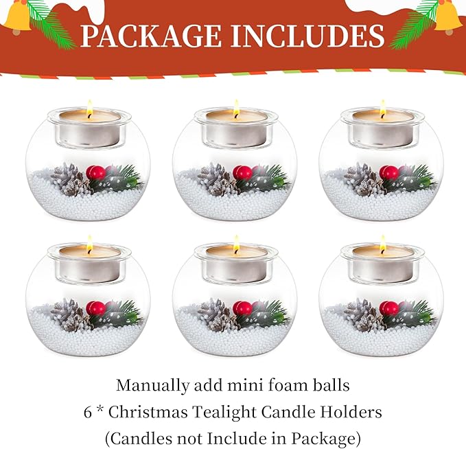 Glasseam Christmas Votive Candle Holders: Glass Tealight Candle Holder Set of 6 with Red Berry and Snow Pinecone Decorative Candle Holders for Table Centerpiece Party Christmas Decor Advent Gifts