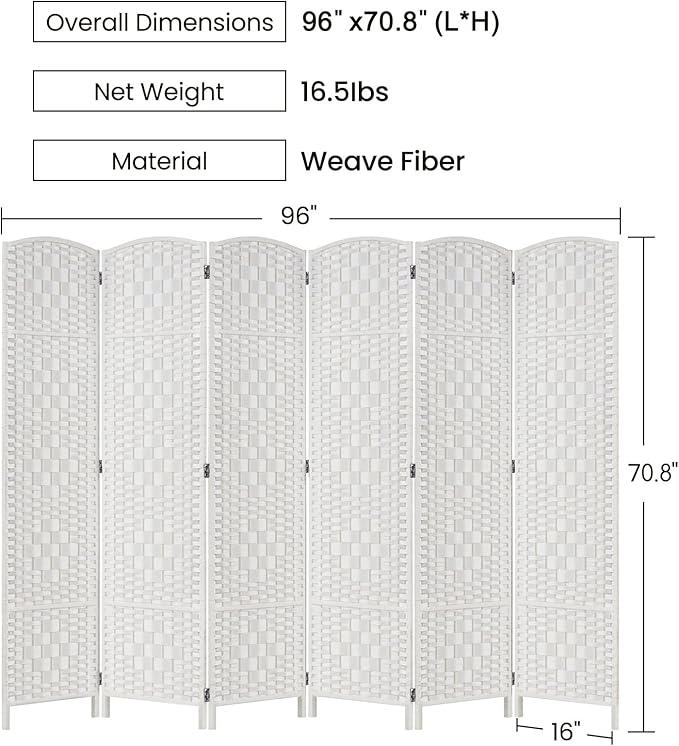 Rose Home Fashion Room Divider, 6 ft Tall Room Dividers and Folding Privacy Screens, 16in Privacy Screen 6 Panel White Space Temporary Wall Foldable Partition Separation