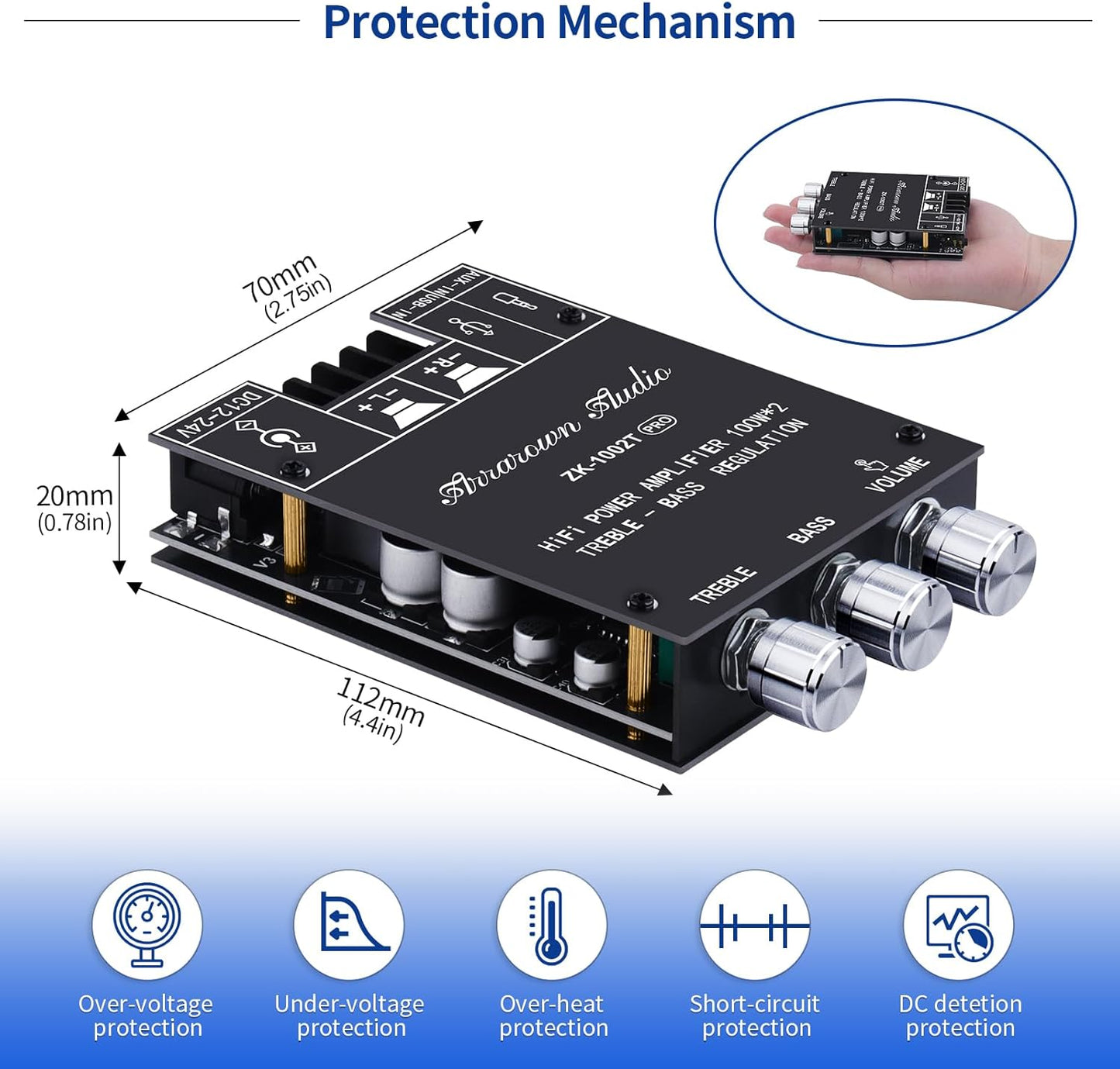 2.0 5.0 200W 12-24V 2.0 Channel Bluetooth Amplifier Board HiFi Subwoofer Audio AMP with Treble and Bass, BT USB and AUX