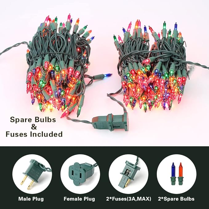 ODEETRONIC Multicolor Christmas Lights, 21.63ft 100 Count Incandescent holiday Lights Connectable, 120V UL Certified Mini Christmas Tree Light for Xmas, Party, House Indoor & Outdoor Decor, Green Wire