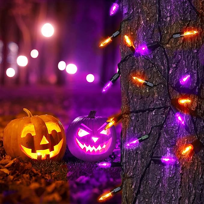 KOUQIYA Battery Halloween Lights, 2 Pack Total 100 LED 17ft Mini String Light with Auto-Timer 8 Modes Waterproof Tree Lights (Orange&Purple, 50 LEDs x 2 Pack)