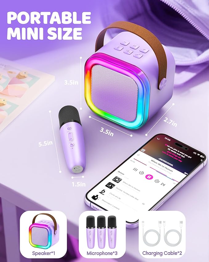 IROO Mini Karaoke Machine for Kids, 2025 TOP Toys Birthday Gifts Ideas for Girls Ages 4, 5, 6, 7, 8, 9, 10, 12+ Years Old, Portable MP3 Player with 3 Wireless Mics for Party