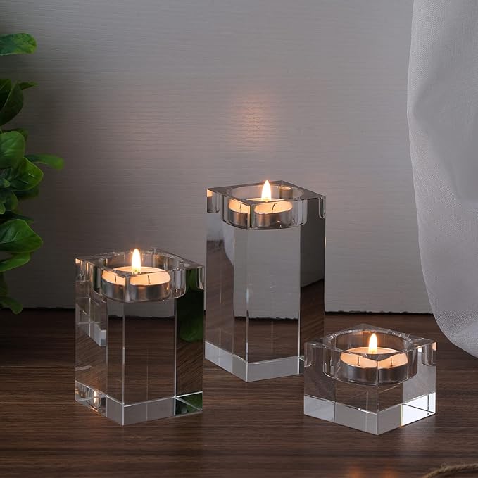 12 Pcs Crystal Tea Light Candle Holders Glass Votive Candle Stands Square Candlestick Holders for Wedding Dining Living Room Centerpiece Decorations, 1.57", 3.15", 3.94"