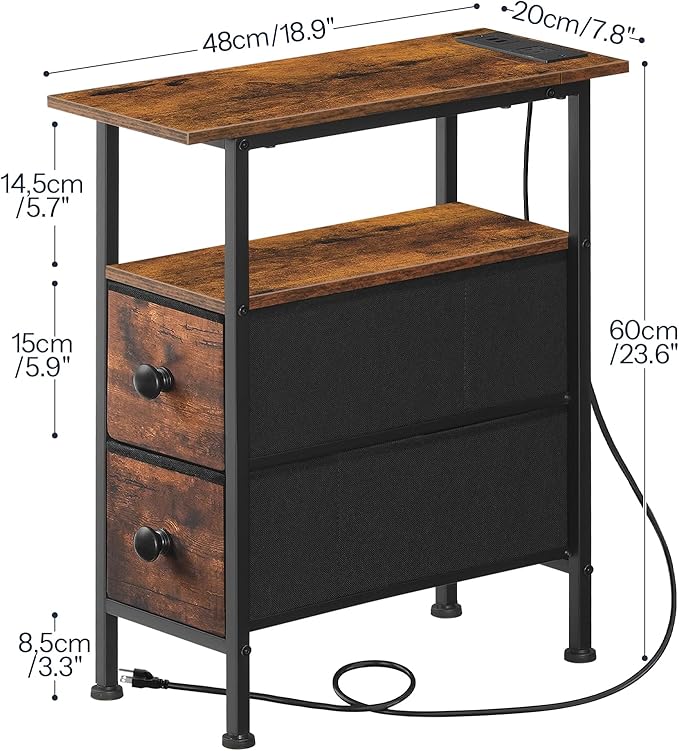 HOOBRO End Table with Charging Station, Narrow Side Table with 2 Fabric Drawers, Skinny Nightstand with Storage, Slim Bedside Table for Living Room, Small Spaces, Rustic Brown and Black BF487UBZ01