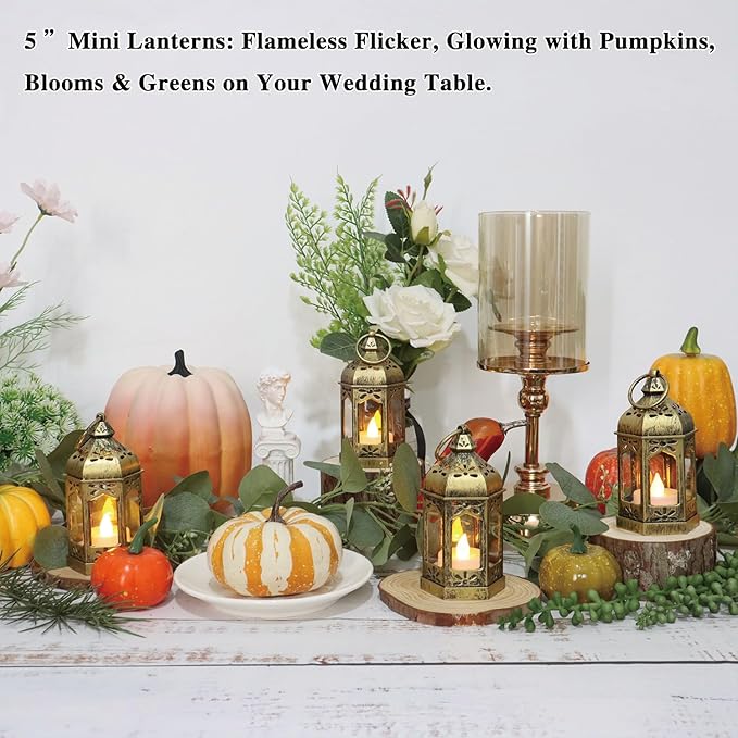 8Pcs 5-inch Mini Lanterns Centerpieces for Table, Baby Shower Decorations, Vintage Small Lantern for Halloween Decorations, Party Lights for Enchanted Forest Decorations, Wedding Decor, Brushed Brass