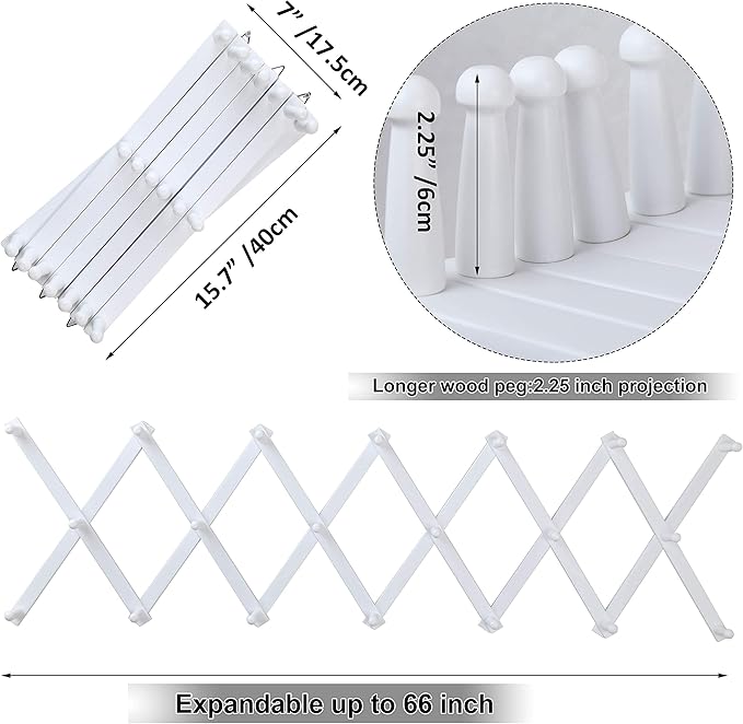 WEBI Accordion Wall Hanger,Wooden Expandable Coat Rack Wall Mounted,Accordion Hat Rack for Wall,Accordion Hook Rack for Hats,Caps,20 Peg Hooks,White