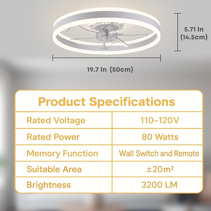 Ceiling Fan with Light, Upgraded 20‘’ Low Profile Fan, Flush Mount Ceiling Fan, 6 Speeds, Dimmable LED, App & Remote Control, Quiet DC Motor, for Bedroom, Living Room, F105 White