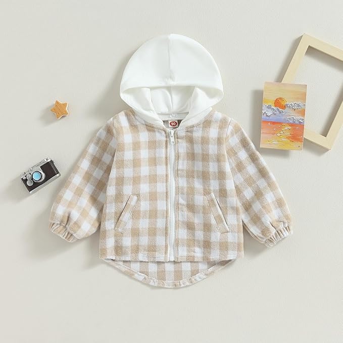 Douhoow Toddler Baby Plaid Jacket Baby Boy GIrl Flannel Hoodies Zip Up Hooded Fall Winter Outerwear Coat