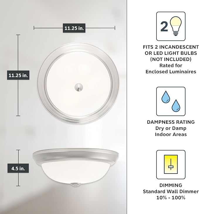DESIGNERS FOUNTAIN Reedley 2-Lights Flush Mount Ceiling Light, 11 Inch Lighting Fixture for Kitchen, Bedroom, Bathroom, and Hallway, Pewter with Etched Glass, 1257S-PW-W