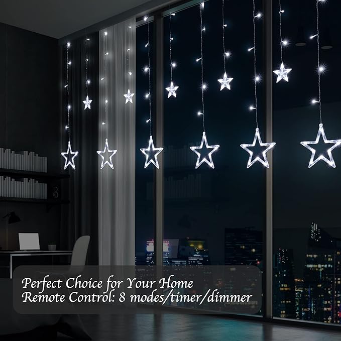 Star Curtain Lights for Bedroom - Plug-in 9ft 138 LED Fairy Twinkle Lights with 12 Star Drops, Connectable Window Lights with Remote 8 Lighting Modes for Indoor Xmas Ramadan Decoration, White