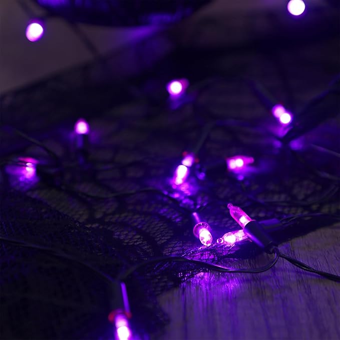 Blissun Halloween Lights - 50-Count Black Wire Battery Operated Mini String Light Set With 8 Modes, 16 ft Fairy Lights for Tree Garden Wreath Decorations (1 Pack, Purple)