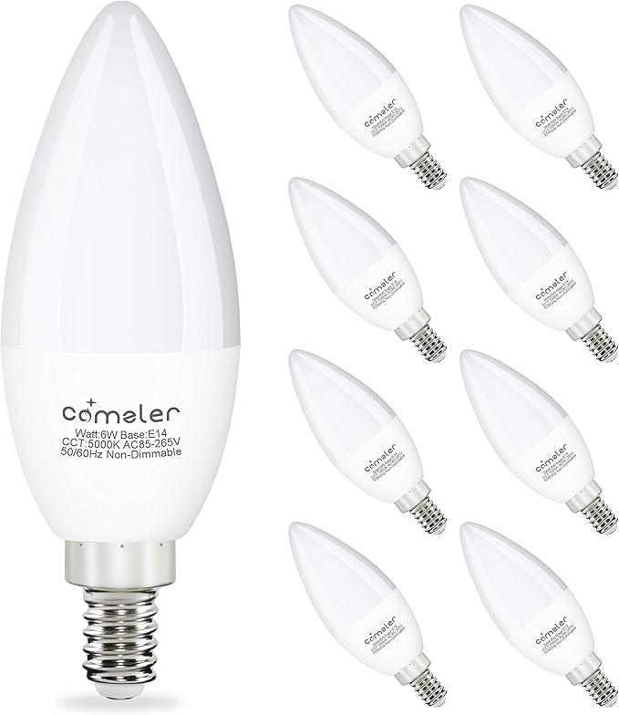 comzler E12 LED Bulb Candelabra Led Light Bulbs, 60W Equivalent, Daylight 5000k Ceiling Fan Light Bulbs 600LM, Type B Shape Chandelier Light Bulb, Non-Dimmable, 8-Pack