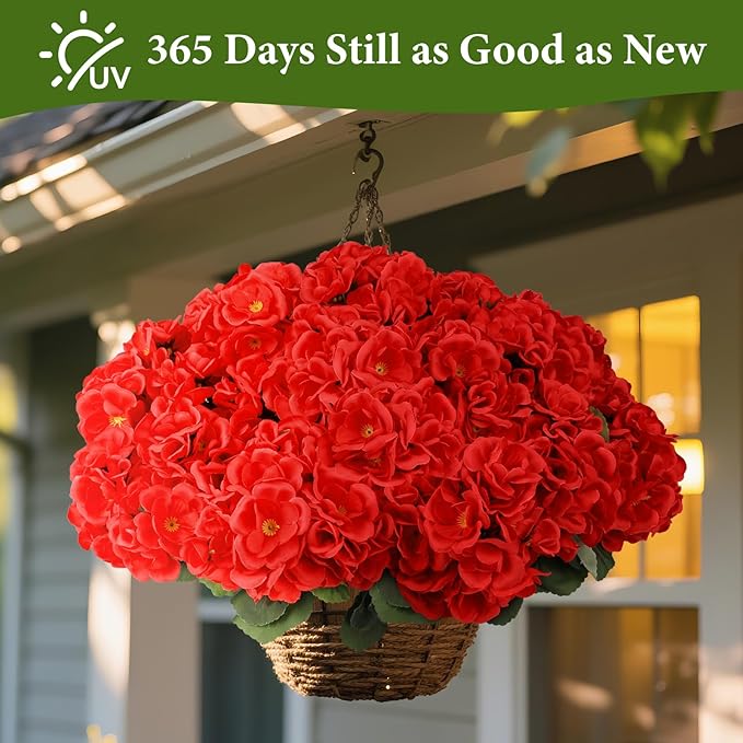 NESCCI 8 Pack Artificial Geranium Flowers for Outdoors UV Resistant Artificial Flowers Silk Geranium Fake Flowers Faux Flower for Outdoor Planters Garden Plants Window Sill Courtyard Home Decor(Red)