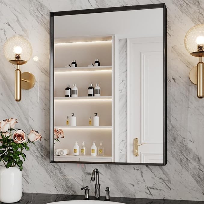 Suidia Bathroom Mirror, 24" x 32" Wall Mirror Metal Framed, Bathroom Vanity Mirror for Living Room Bedroom Bathroom Entryway, Black, Rect Corner Style