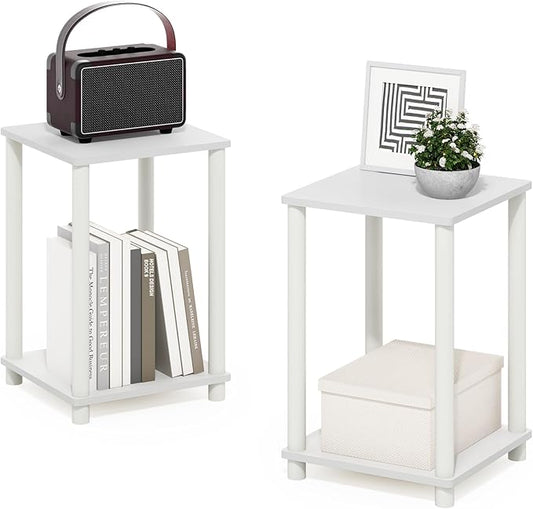 Furinno Turn-N-Tube Side Table Set of 2, 2-Tier Stackable End Table with Open Shelf, Toolless Night Stand, Bedside Table, for Living Room, Bedroom, White