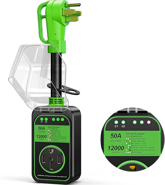 MILLIONHOME RV Surge Protector 50 Amp Waterproof, Upgraded 12000 J RV Power Surge Protector, Adapter Plug for RV Camper, Circuit Analyzer for Travel Trailers with Full Protection(Green)