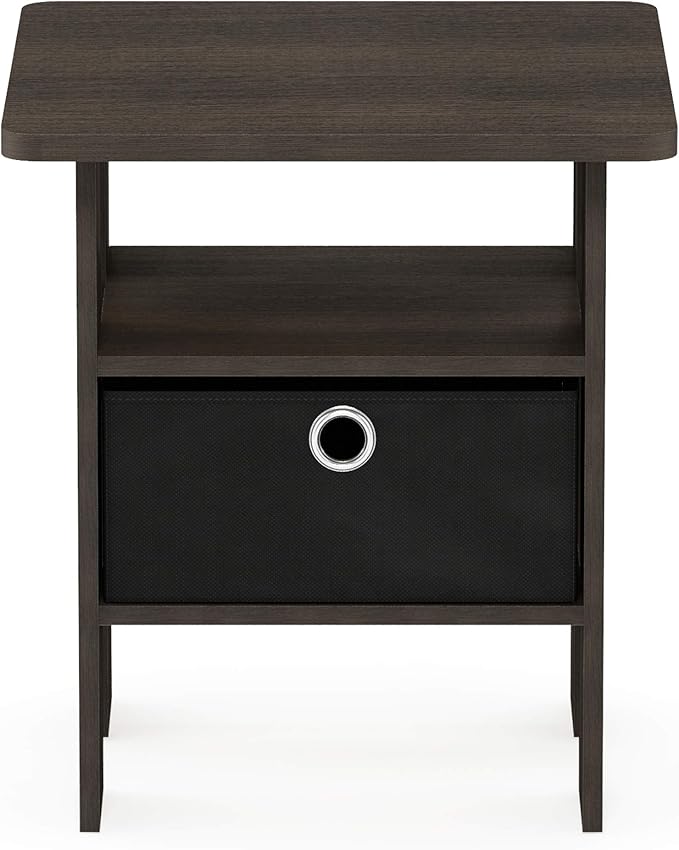 Furinno ANDREY Side Table, End Table, Night Stand with Open Shelves and Storage Bin, Bedside Table, for Living Room, Bedroom, Dark Brown