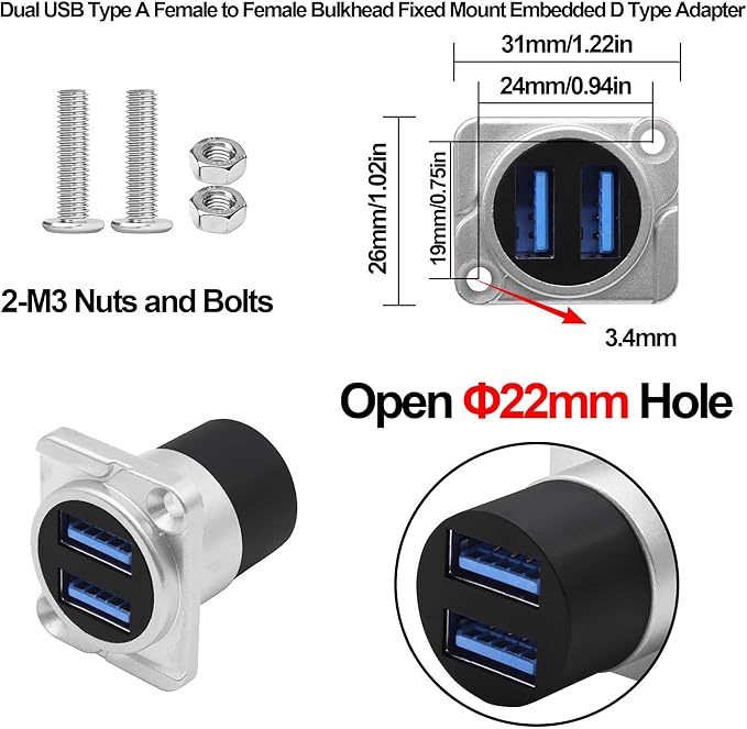 Dual USB 3.0 Panel Mount Adapter USB Type A Dual Female to 2 Female Coupler Bulkhead Fixed Mount Embedded D-Type Pass Though Connector for Data Transfer/Charging -Silver (D-Type)