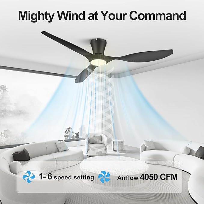 ocioc 52 inch Ceiling Fans with Lights and Remote, Dimmable Ceiling Fans with Reversible Quiet DC Motor, Flush Mount, 3CCT, Black Ceiling Fan for Bedroom Living Room Indoor/Outdoor