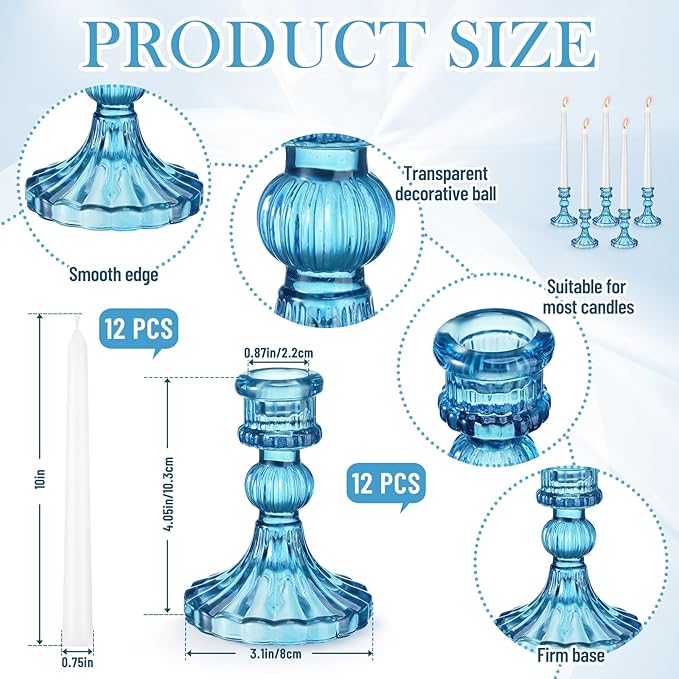 Suclain 24 Pcs Glass Taper Candle Holder Sets 12 Candlestick Holder with 12 White Long Candles for Wedding Party Decor Dinner Decoration(Blue)