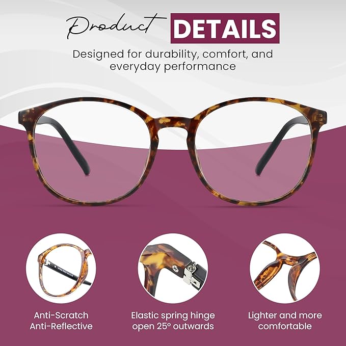 LifeArt Round Blue Light Blocking Glasses, Computer Glasses, Gaming Glasses, TV Glasses for Women Men (Tortoise, 0.50 Magnification)