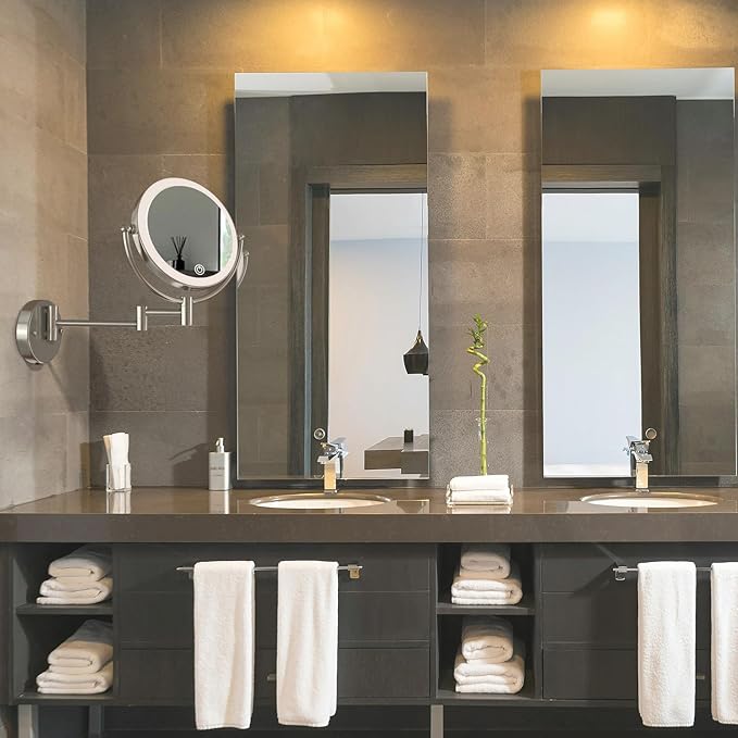 Makeup Mirror Wall Mounted with Lights and 10X Magnification, 8 Inches Rechargeable Double Sided Magnifying, Touch Dimmable Extended Arm 360 Rotation, Foldable Cosmetic Mirror Brushed Nickel
