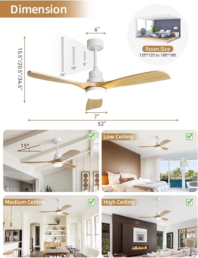 Sofucor 52 Inch Ceiling Fan with Lights and Remote Control-Modern Solid Wood Blade Ceiling Fan for Bedroom Living Room Indoor Outdoor Farmhouse Patio, Quiet DC Motor, Natural Wood