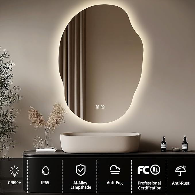 LED Mirror for Bathroom 25x35, Stepless Dimmable Irregular Backlit Mirror with 3 Colors, Anti-Fog, Memory, Al-Alloy Lampshade, Frameless Vanity Mirror for Bathroom (Horizontal/Vertical)