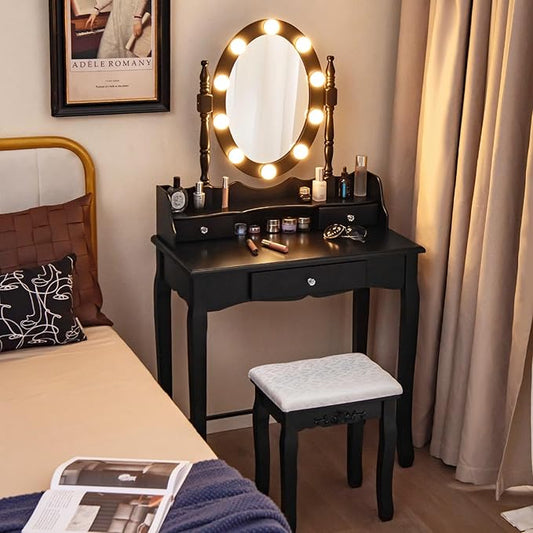 CHARMAID Girls Makeup Vanity Desk with Lights, Vanity Table with Lighted Mirror, 3 Lighting Modes, Adjustable Brightness, Modern Makeup Table with 3 Drawers and Stool for Small Space (Black)