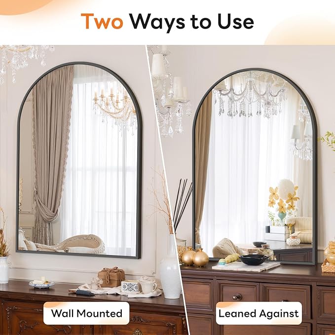 Sweetcrispy Arched Bathroom Mirror 38x26 Inch Black Metal Framed Arch Vanity Mirror for Wall, Over Sink, Farmhouse, Restroom, Anti-Rust, Modern Decorative, Hanging or Leaning
