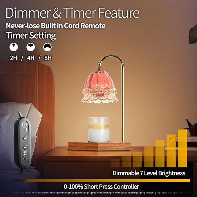 Candle Warmer Lamp, Candle Lamp Wax Warmer, Timer & Dimmer 7-Levels, Compatible All Jar Candles, Top Melting, Glass Candle Heater Lamp for Scented Wax, Elegant Home Decoration, Pink Flower