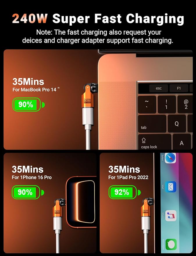 USB C Magnetic Adapter PD 240W(2Pack), 9PIN USB C 90 Degree Adapter/C Right Angle Adapter/180 Degree USB Connector/C to C Adaptor for 1Phone 16/15 Series, Ma-Book Pro/1Pad Series (Orange, 2 Pack)