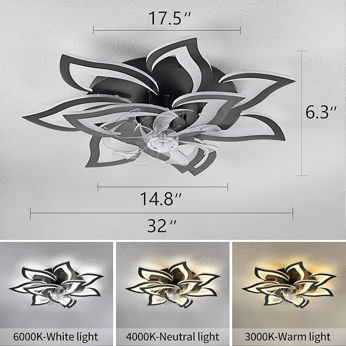 Modern Ceiling Fan with Lights Remote Control, 32" Black Ceiling Fan with Light, 6 Speeds 3 Light Color Low Profile Flush Mount Ceiling Fan for Kitchen Bedroom