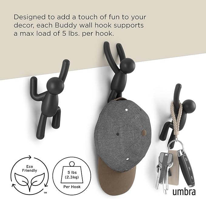 Umbra Buddy Wall Hooks – Decorative Wall Mounted Coat Hooks for Hanging Coats, Scarves, Bags, Purses, Backpacks, Towels and More, Set of 3, Black