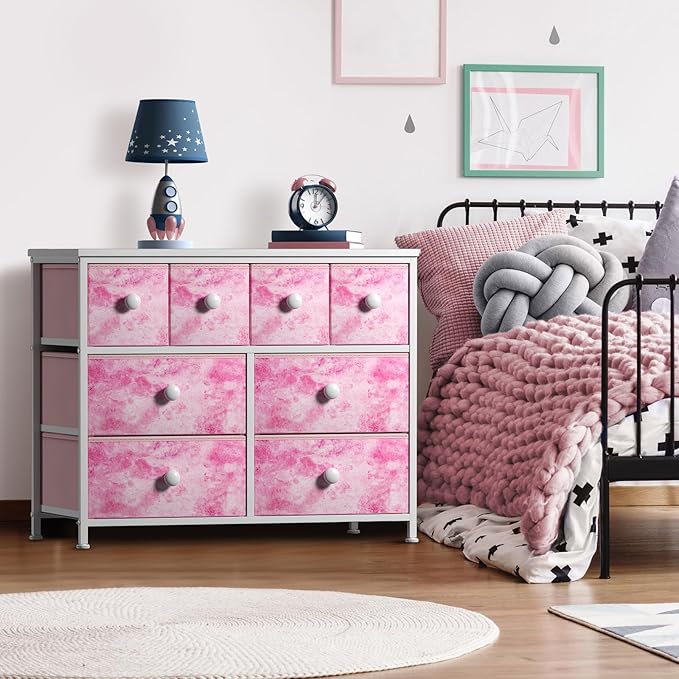 Sorbus Fabric Dresser for Kids Bedroom - Chest of 8 Drawers, Storage Tower, Clothing Organizer, for Closet, for Playroom, for Nursery, Steel Frame, Fabric Bins - Knob Handle (Tie-dye Pink)