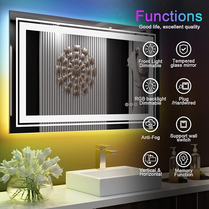 LED Mirror for Bathroom, 40"x24" Mirror with 8 RGB Backlit+3 Front Lit (Adjustable Individually), Defog, Shatterproof, Memory, Tempered Glass