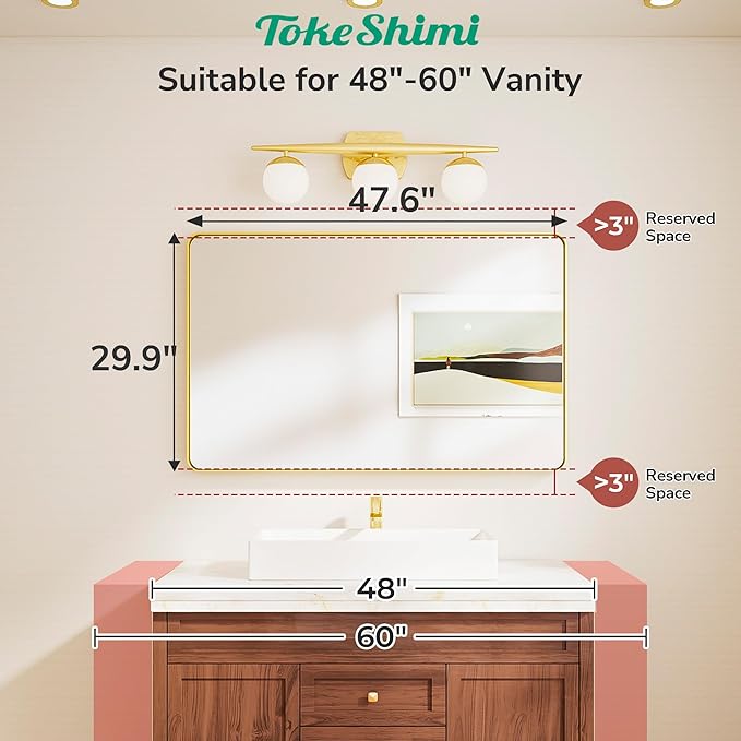 TokeShimi 48x30 Wall Mirror for Bathroom,Brushed Gold Bathroom Vanity Mirror Modern,Tempered Glass,Large Bathroom Mirror Rectangle,Metal Framed Bathroom Mirror(Horizontal/Vertical)