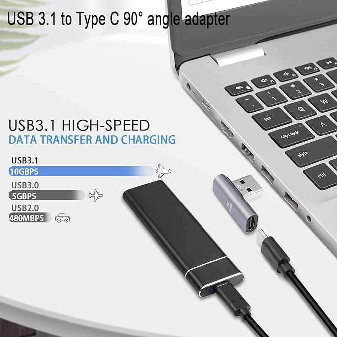 QIANRENON 90° Angle USB C to USB Adapter 10Gbps USB 3.1 Male to USB C Female Left Angle L-Shape Connector,Al Alloy Support 100W Charging, for PC Laptop Tablet, 2Pcs (Left Angle Vertical Bend)