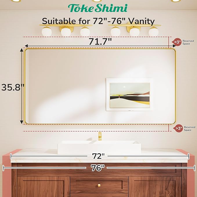 TokeShimi 72x36 Brushed Gold Bathroom Mirror,Tempered Glass,Bathroom Wall Mirror with Seamless Aluminum Frame,Modern Bathroom Vanity Mirror Shatterproof(Horizontal/Vertical)