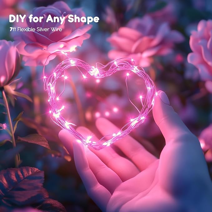 Minetom 6 Pack Fairy Lights Battery Operated String Lights - 7ft 20 LED Waterproof Silver Wire Firefly Lights for Valentine’s Day Decor DIY Crafts Wedding Table Centerpieces, Pink