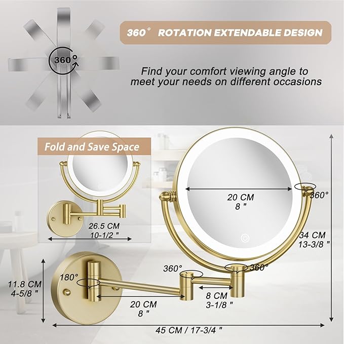 Matte Gold Wall Mounted Makeup Mirror with Lights and 10X Magnification, 8" Rechargeable 2-Sided 3-Colors, Touch Dimmable Extended Arm 360 Rotation, Foldable Vanity Cosmetic Shaving Mirror Bathroom