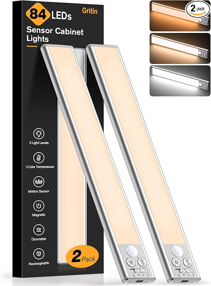 Gritin 10.2inch Under Cabinet Lighting Rechargeable -84 LED Super Bright,3-Color& 5 Level Brightness,4 Modes,Motion Sensor,Long Lasting- Easy Installation Magnetic Under Cabinet Closet Lights -2 Pack