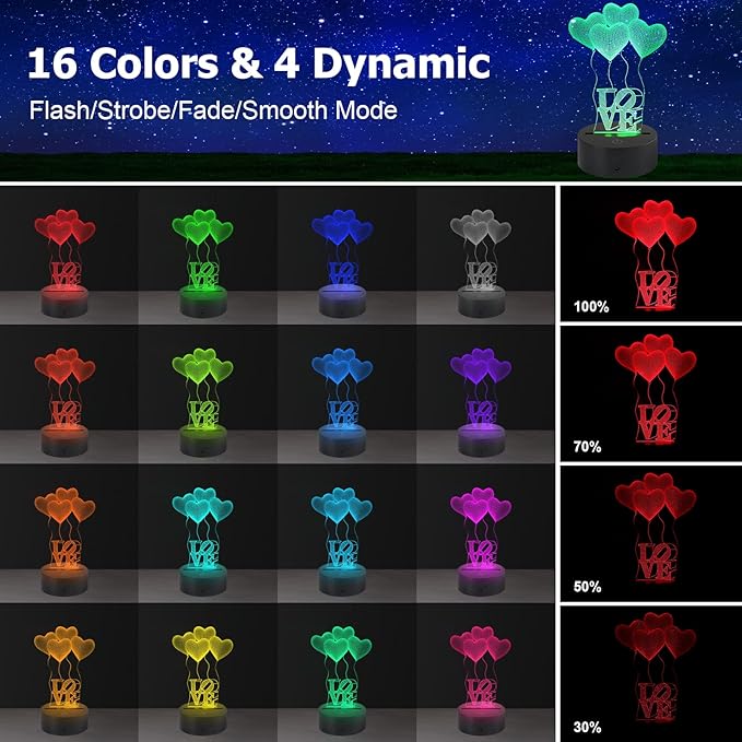 AZIMOM 3D Illusion Lamp 4 Love Heart Balloon Love Shape 16colors Night Light for Kid Touch Sensor &Remote Control USB Battery Power Bedside Desk Bedroom Home Decoration Boys & Girls Women Birthday