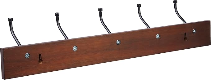 Amazon Basics Rectangular Wall-Mounted Farmhouse Coat Rack, 5 Hook, Light Walnut