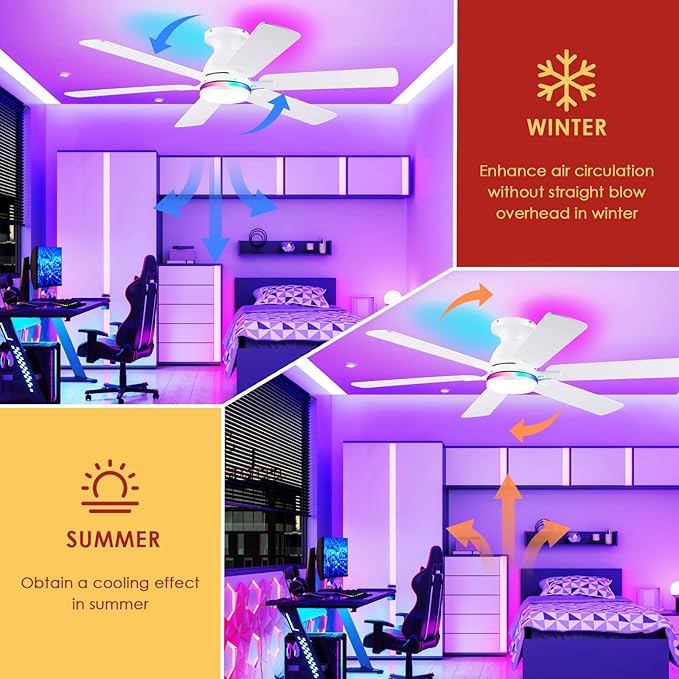 Ceiling Fans with Lights- 52" RGB Low Profile Indoor Ceiling Fan with Light and Remote/APP Control, Flush Mount, 6 Blade, LED Dimmable DC Reversible Modern Ceiling Fan for Bedroom（White）