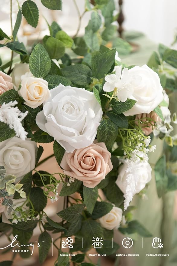 Ling's moment 2PCS Artificial Floral Swags Arch Flowers Wedding Centerpieces Flower Rose Garland Mantel Greenery Arrangements for Sweetheart Welcome Signs Decor Wall Window Home Decor White & Sage