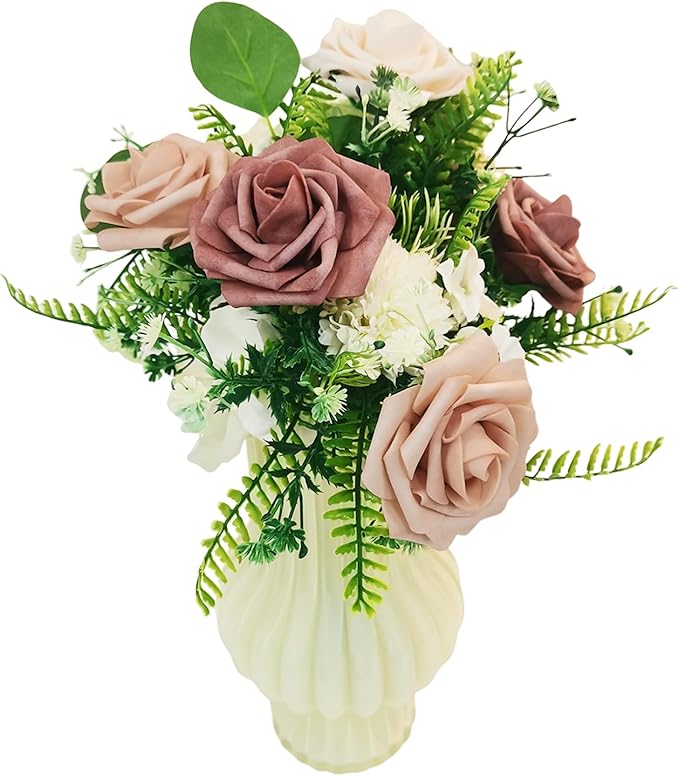 Artificial Flowers 25pcs Roses, Shade of Caramel Foam Fake Rose Faux Flower for DIY Wedding Bouquets Bridal Shower Centerpieces Floral Arrangements Party Tables Home Decorations