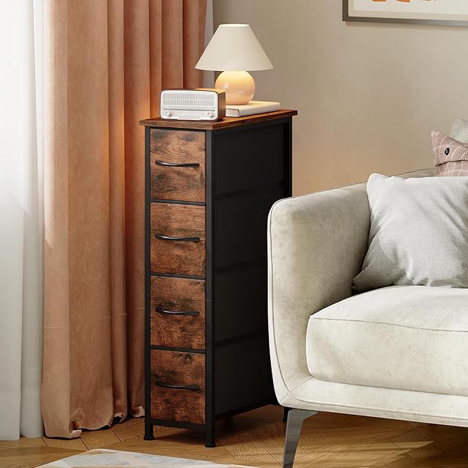 Somdot Narrow Dresser with 4 Drawers, Slim Storage Organizer Chest of Drawers with Removable Fabric Drawers for Small Spaces Bathroom Closet Bedroom Laundry, Wood Grain Print