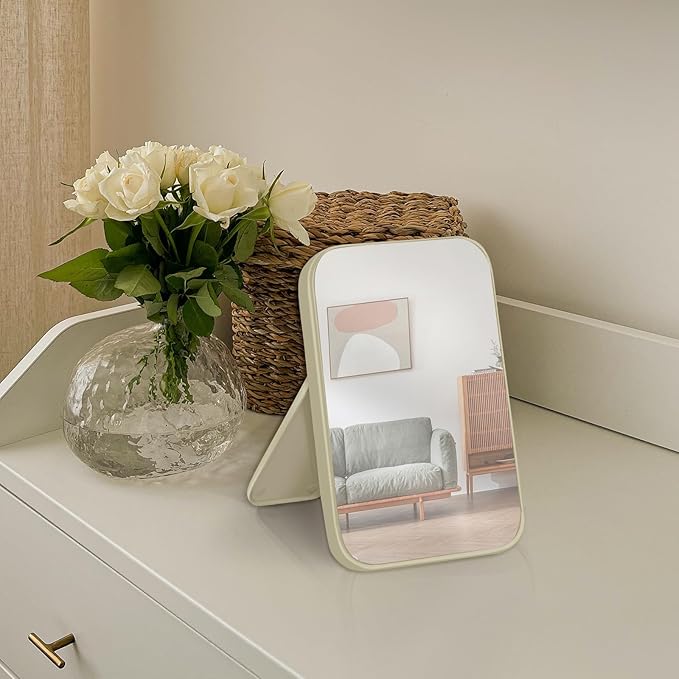10Pcs Table Desk Vanity Makeup Mirror, 8-Inch Simple Portable Travel Mirror with Stand, Standing and Wall Hanging Dual-use Beige